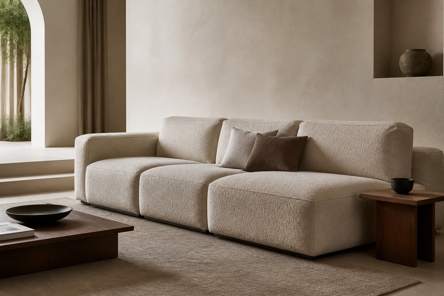 Warm neutral modular fabric sofa in a modern living room