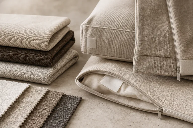 Tailored sofa covers, upholstery swatches and zipper details